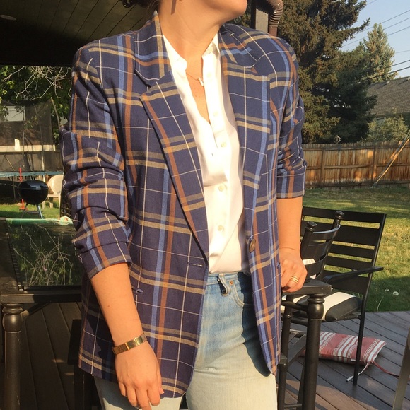 Vintage Jackets & Blazers - VINTAGE Navy Plaid Linen Blazer SZ: Large (14)